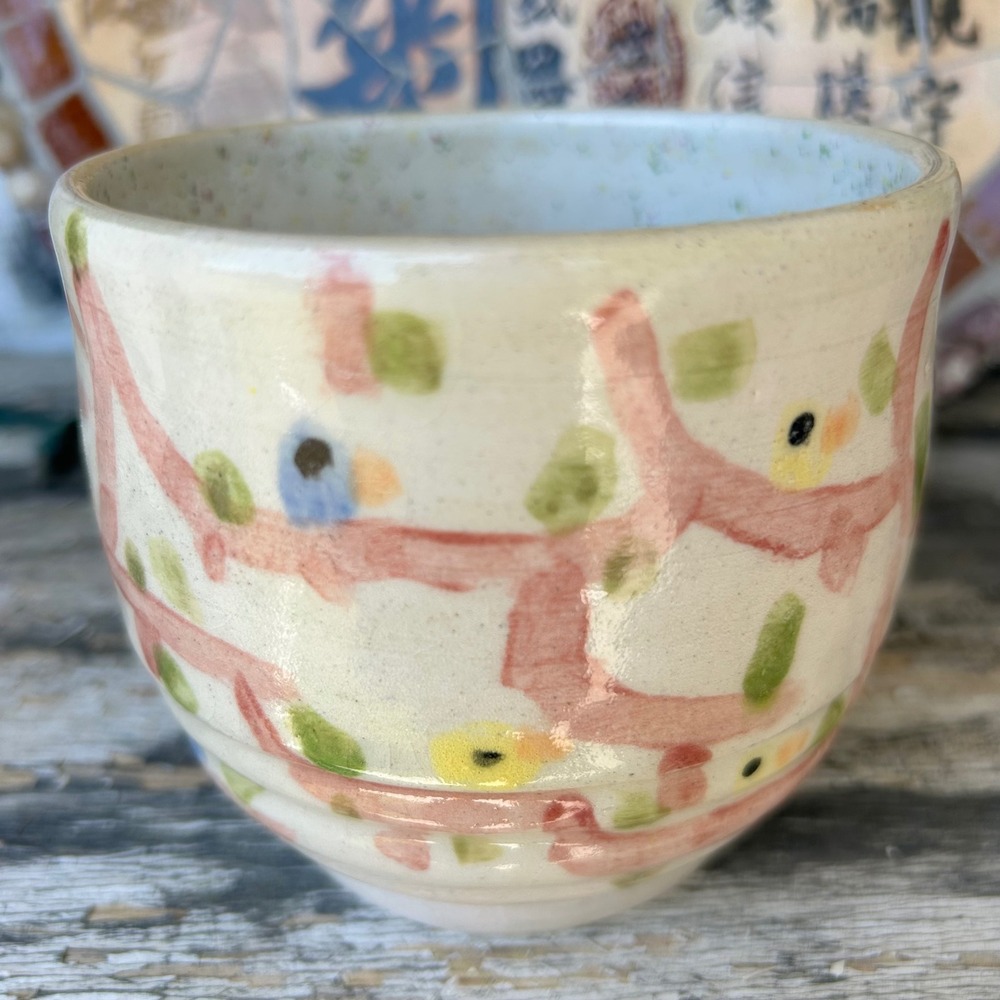 Studio Pottery Hand Painted Bird Tea Bowl Yunomi Ceramic Cup Marked zd Cream